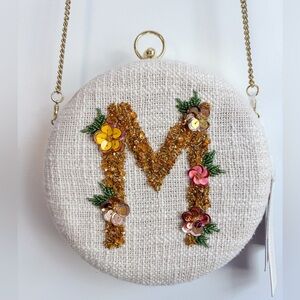 Anthropologie round crossbody cotton purse with beaded monogram NWT